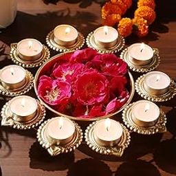 R Ayurveda Copper Metal Decorative Metal Diya Traditional Diya Urli Tealight Holder Golden Bowl for Floating Flowers Home,Office Wedding Decor (Size 10 Inches)-17