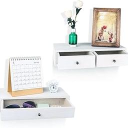 VASIL MART Floating Nightstand with Drawer Wood Floating Wall Mounted Drawers Floating Shelf with Drawer for Living Room, Bedroom, Storage Bedside Shelf Set of 2 Vintage. (White)-image-9