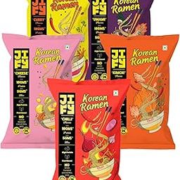 JIFY Korean Ramen Variety Pack of 5 | Kimchi, Cheese, Curry , Umami and Chilli Flavours | Veg Korean Ramyun | No Maida, Plant Based, No MSG | Low Sodium | Healthy Instant Noodles | 12g Protein and 3g Fibre per serve-64
