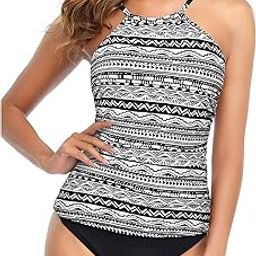 Two Piece Tankini Swimsuit for Women High Neck Ruched Tummy Control Top with Bottom Bathing Suits, Black White Geometric, Large-image-22