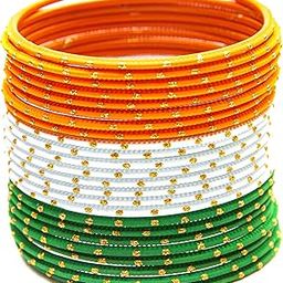 Tricolor Metal Tiranga Bangles Set with Golden Dots & Tiranga Dupatta (2.25 Mtr) for Women & Girls-image-32