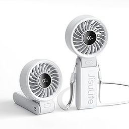 JISULIFE Handheld Fan Life7,2024 Powerful Portable Fan with LED Display[19.5Hrs Max Cooling] 5000mAh,5 Speeds,Lanyard;3-in-1 Hand/Desk/Neck Fan,Travel Essentials Gifts for Women,Men(Light Grey)-29