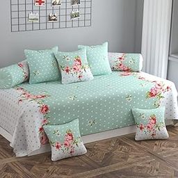 TYLORSTYLE® Soft Glace Cotton Designer Printed Diwan Set, 1 Single Bedsheet, 2 Bolster Covers, 5 Cushion Covers (Green Center, Standard) - 8 Piece-image-86