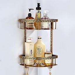 Plantex Aluminium 2 Tier Corner Shelf for Bathroom/Living Room Corner Shelf with Hooks/Premium Bathroom Organizer (Brass-Antique Finish)-image-61