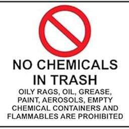 Weatherproof Plastic No Chemicals in Trash Oily Rags, Sign with English Text and Symbol-image-72