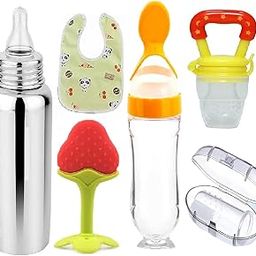 Drisona Fruit Feeder Pacifier 1,with 1 Silicone Food Dispensing Spoon 90ML and 1 Fruit Teether 1 Finger Brush 1 Bibs 1 Steel Bottle 240 ML (Yellow)-18