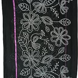 PNYA DESIGNS Black Dupatta with Kantha Stitch Look Floral Design, Pink Border, Hand Painted-13