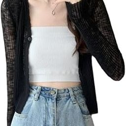Women's Ribbed Knitted V-Neck Cardigan Front-Open Top Long Sleeve Shrug Jacket for Girls-5