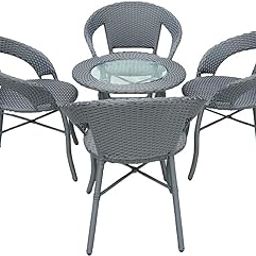 Boss Furnishing Chairs Table Set 4+1 Wicker Patio Furniture Sets 4 Chair and 1 Table for Garden Balcony Bedroom Powder Coated Frame Uv Protected Wicker (Grey)-image-14