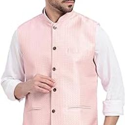 SHOWOFF Men's Woven Design Peach Slim Fit Nehru Jacket-AD-J-804_Peach-image-34