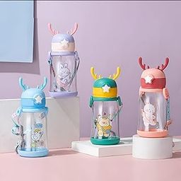 Skoolster Kids Deer-Themed Straw Water Bottle, 450 ML, BPA-Free, Leak-Proof kids bottle with Strap, Ideal for picnic, school, girls & boys (Random Color)-image-6