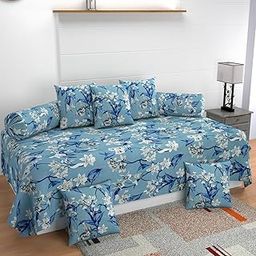 MANIQATEX Diwan Set 8 Pieces Cotton Printed Standard Diwan Set (1 Single Bedsheet, 2 Bolster Covers, 5 Cushion Covers) (Blue)-image-56