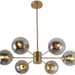 LIODOR Modern 6-Light Sputnik Chandelier with Smoke Glass Globe Mid Century Ceiling Pendant Light Gold Brass Flush Mounted Fixture (Gold + Smoke Glass)-image-2