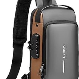 Fashion Anti-theft Unisex Sling Bag, USB Charging Port, Password Lock, Waterproof, Grey and Brown-image-3