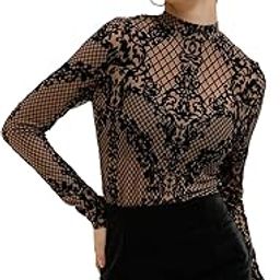 Women's Elegent Embroidery Turtle Neck Mesh Transparent Hollow Backless Thin Bodysuit BodyCon Top-image-12