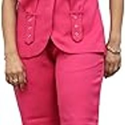 Women's Hot Pink Sleeveless Blazer Set, Professional Two-Piece Suit with Studded Details-image-26