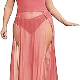 Plus Size Split Long Mesh Lingerie Dress Babydoll Maxi Dress Sleepwear Chemise Sleepwear Side Slits (XXXX-Large, Pink)-image-96