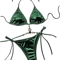 Women's Satin 2 Piece Rhinestone Bathing Suit High Waisted Swimsuit Bikini Set, Green, Small-image-23