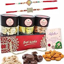 Fabbites Rakhi for Brother and Bhabhi Set of 4 with Rakhi Dry Fruit Gift Hamper, Almond, Cashew,Chocolate Gift in Premium Hamper with Designer Rakhi Set-image-67