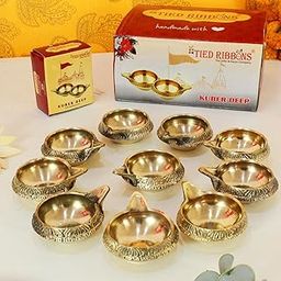 TIED RIBBONS Set of 10 Brass Diya for Puja Room Oil Lamp - Decorations Items for Home Decor Office (2.8 cm X 6.3 cm, Brass) - Pooja Diya - Gift Item-16