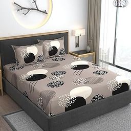 AMEYAA 350 Tc Cotton Feel Glace Cotton All Around Elastic Floral Fitted Bedsheets King Size|Premium Super Soft Fitted Bedsheet King Size for Double Bed|Fits Up to 8 to 10 Inches,78 X 72,Beige Black-7