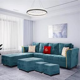 Sunuzu Melrona 8 Seater Fabric Sectional LHS L Shape Sofa Set with 1 Centre Table & 2 Puffy (Teal)-image-52