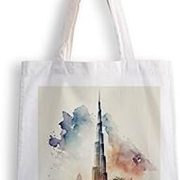 Canvas Tote Bags for Women, College Bag for Girls, Tote Bag for Shopping, Travel & Beach Bags for Women - Burj Khalifa - D No - 154-18