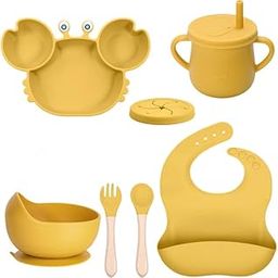 JACK UP- 6Pcs Crab Silicone Baby Feeding Set Bpa-Free,Microwave Safe|Tableware Dinner Set for Kids &Toddlers with Silicoen Divider Suction Plate,Bowl,Cup, Spoon,Fork & Bib, Mess Free Meal Time Set'-picture-12