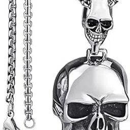 bling queen Men's Silver Plated Ghost Skull Necklace With Classic Round Box Chain-picture-5