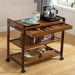 Solid Wood Rolling Utility Serving Trolley 3-Level Wooden Serving Trolley with Pull Out Tray- Dark Brown Finish-image-98