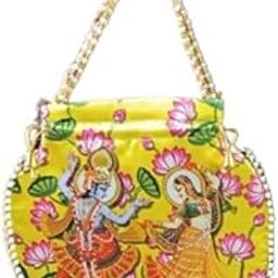 Ethnic Potli Bag with Radha Krishna Print – Traditional Indian Handbag with Beaded Handle for Women – Wedding, Puja, Festival Gift Bag (Yellow, Pack of 1)-image-15