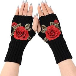 Women Rose Flower embroidery Winter Fingerless Gloves Crotch Knitted Arm Sleeves-image-8