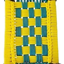 Handcrafted Wooden Footstool with Woven Nylon Cord, Yellow and Turquoise Checkered Pattern, Traditional Design-image-70
