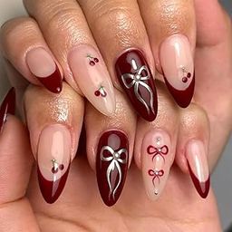24 Reusable Artificial Fake Nail Set |Base maroon colour with Silver Bow Design Glossy Nails | Lightweight & Long Lasting| Quick Fix For Festivals & Special Occasions-16