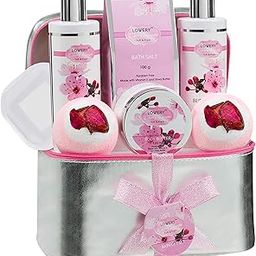 LOVERY Christmas Gifts - Bath And Body Gift Basket For Women â€“ Cherry Blossom Home Spa Set With Fragrant Lotions, 2 Extra Large Bath Bombs, Mirror And Silver Reusable Travel Cosmetics Bag-image-38