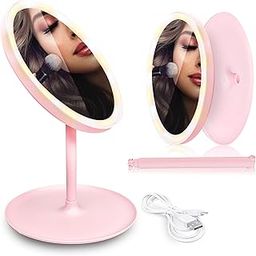 Sanas (1pc Mirror with Stand Table Vanity Makeup Mirror Hand Makeup Mirror with LED Light Portable Touch Screen Round Shape Hand Mirror for Women Men Shaving (1pc) Pink-image-48