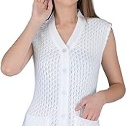 Women Woolen Cardigan Sleeveless Self Design Cardigan Daffodil Fabric Winter Wear Pure Wool Cardigan 100% Daffodil Wool Free Size Cotty Fully Warm with Front Pockets (XL, White)-picture-2