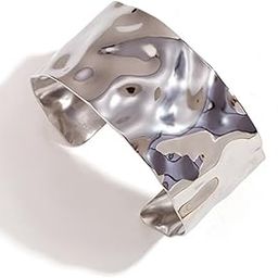 18K Silver Plated Waterproof, Titanium Steel, Anti-Tarnish Chunky Hammered Cuff Bangle Bracelet| Gift for Women and Girls-55