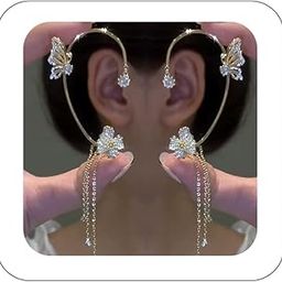 2Pcs Rhinestone Butterfly Earrings Ear Cuffs Non-Pierced Fake Earrings Butterfly Climber Wrap Around Earrings Dainty Adjustable Ear Clip Jewelry for Women Girls-image-91