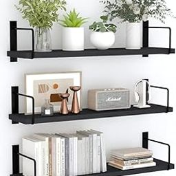 MENIFY | Modern Floating Wall Shelves, with Black Metal Brackets, Set of 3, Decorative Display Shelving for Books and Home Decor (Black, Set of-3)-image-90