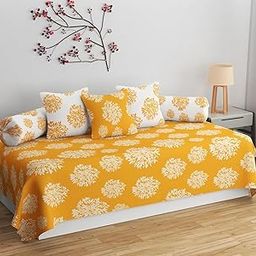 CLiDE Glace Cotton Premium Cloth Quality Designer Printed 8 Pieces Standard Diwan Set (1 Single Bedsheet, 2 Bolster Covers, 5 Cushion Covers) (Yellow Floral)-image-93