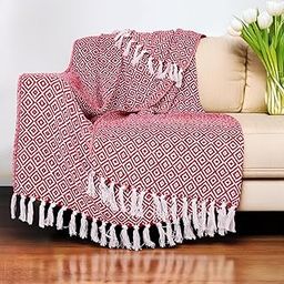 The Furnishers Argyle Pattern Cotton Throw for Sofa, Bed & Couch - Reversible (Red & White, Standard)-image-33