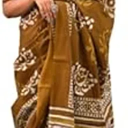 clothonus Handicrafts Women's Ikat Hand Block Print Jaipuri Cotton Mulmul Saree with Blouse Piece-picture-8