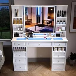 Mann Mart‚Elegant Glass Top Vanity Desk with 9 Drawers & LED Lights - Spacious Dressing Table for Makeup & Jewelry Storage-image-84