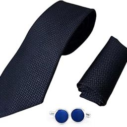 Navy Blue Italian Silk Tie, Pocket Square & Matching Cufflink Gift Set for Men – 2.75" Slim Necktie, 10x10 Handkerchief, Brass Cufflinks – Elegant Formal Accessories in Wooden Gift Box-image-72