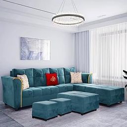 FURNY Melrond 8 Seater Fabric RHS Sectional L Shape Sofa Set with 1 Centre Table & Puffy (Teal)-image-95