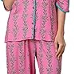 Collar Night Suit Set | Women's Premium Cotton Sleepwear | Night Wear Set of Top and Pyjama | Shirt and Pajama | Comfortable & Stylish | Vine - Green & Pink-image-51
