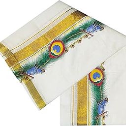 Mens Print along with Gold Jari Border 100% Cotton Cream Dhoti 4.00 Meters Double Mundu/Vesti-image-18