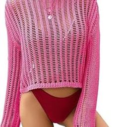 Girls and Women See Through Mesh Hollow Out Knit Sweater Cover Up and Crochet Oversized Fishnet Sweaters with Full Bell Sleeves-image-87