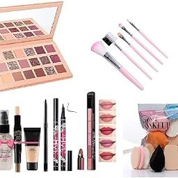 Just Tya | Professional Nude Edition Eyeshadow Palette Makeup Kit Set, 5 Pink Makeup Brushes, Lipstick, Fixer, Primer, Contour, Foundation, 36H Eyeliner, Kajal Pencil and 6 in 1 Makeup Sponges, Complete Beauty Collection (Pack of 19)-image-35